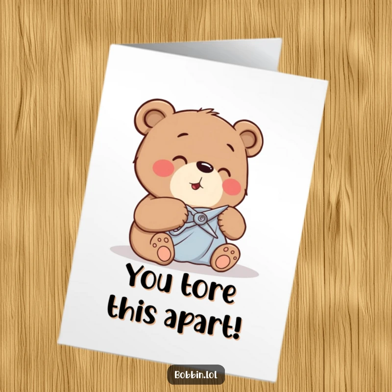 Funny Free Printable Congratulations Card showing a giggling bear carefully cutting fabric with small, precise shears.