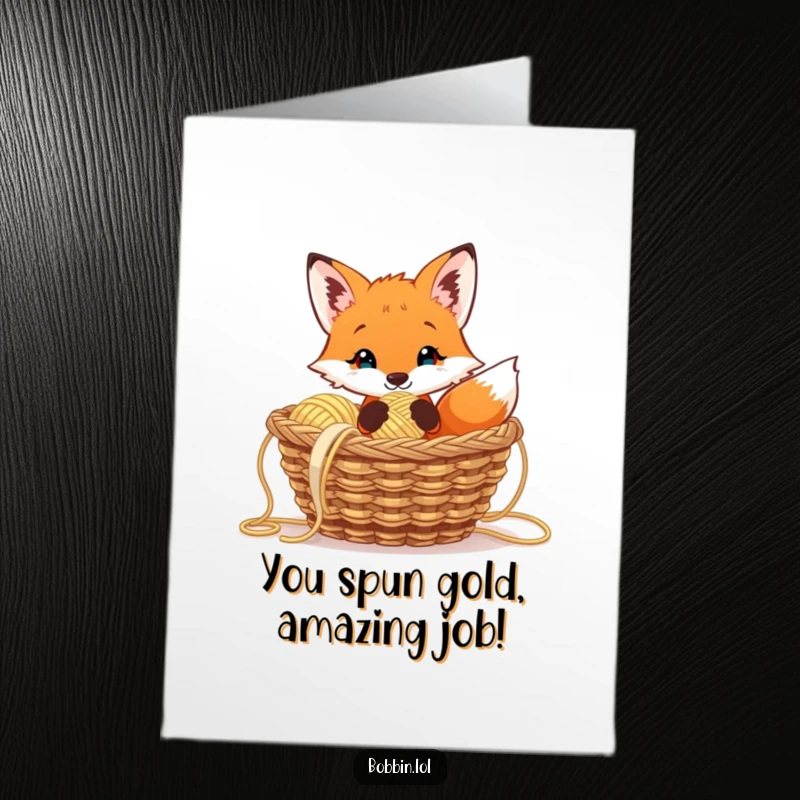 Funny Free Printable Congrats Card: Curious fox peeking from yarn, thimble in paw, celebrating success.
