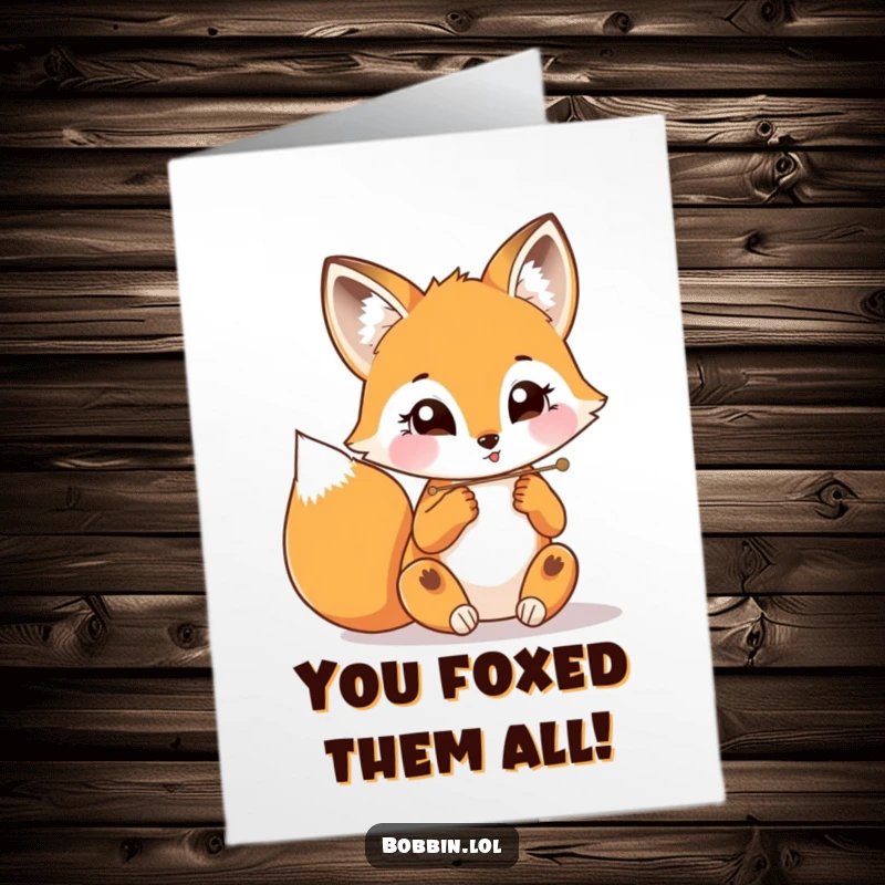 Funny Free Printable Congratulations Card showing a playful fox intently threading a needle with a bright, wide-eyed expression.