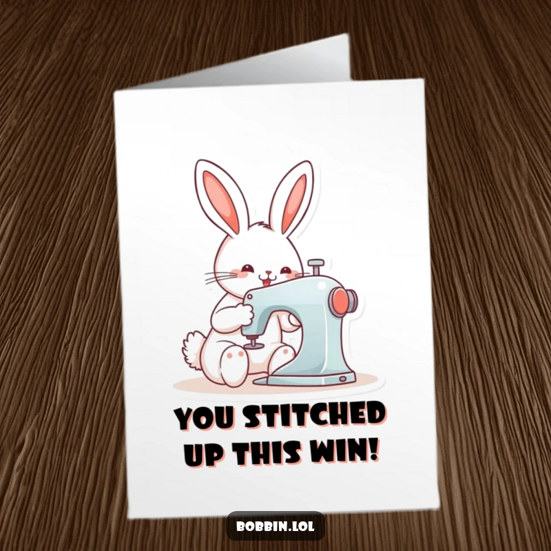 Funny Free Printable Congratulations Card showing a happy bunny sewing with intense focus on a machine.