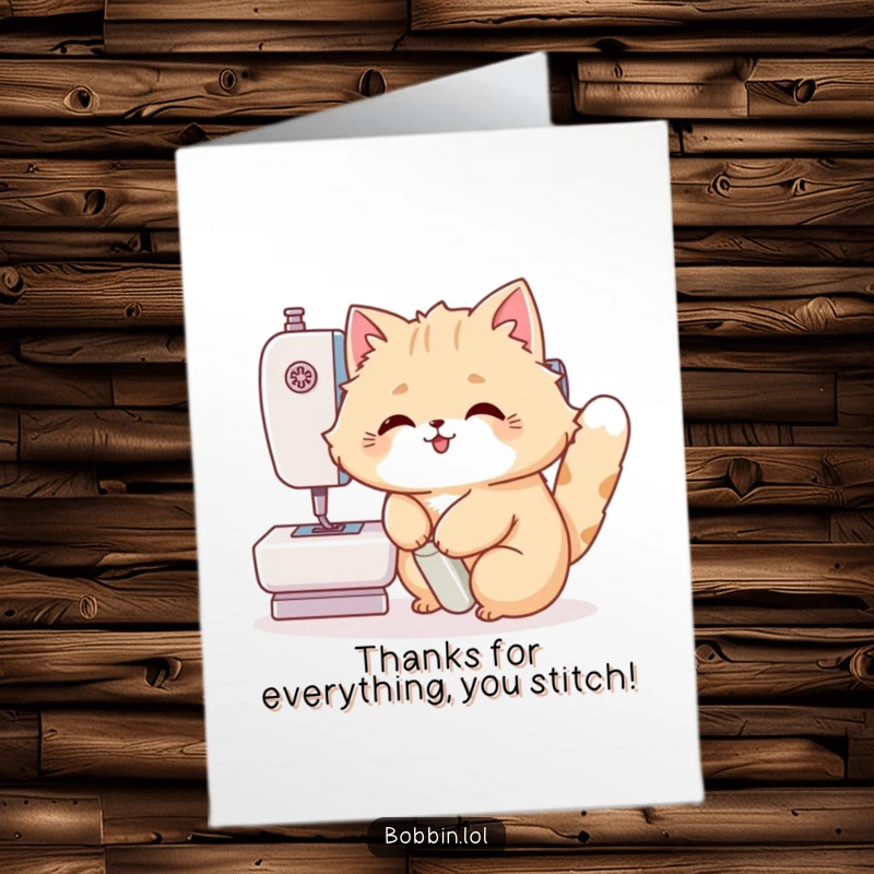 Funny Free Printable Thank You Card: A fluffy cat concentrates on its sewing machine foot pedal, expressing gratitude.