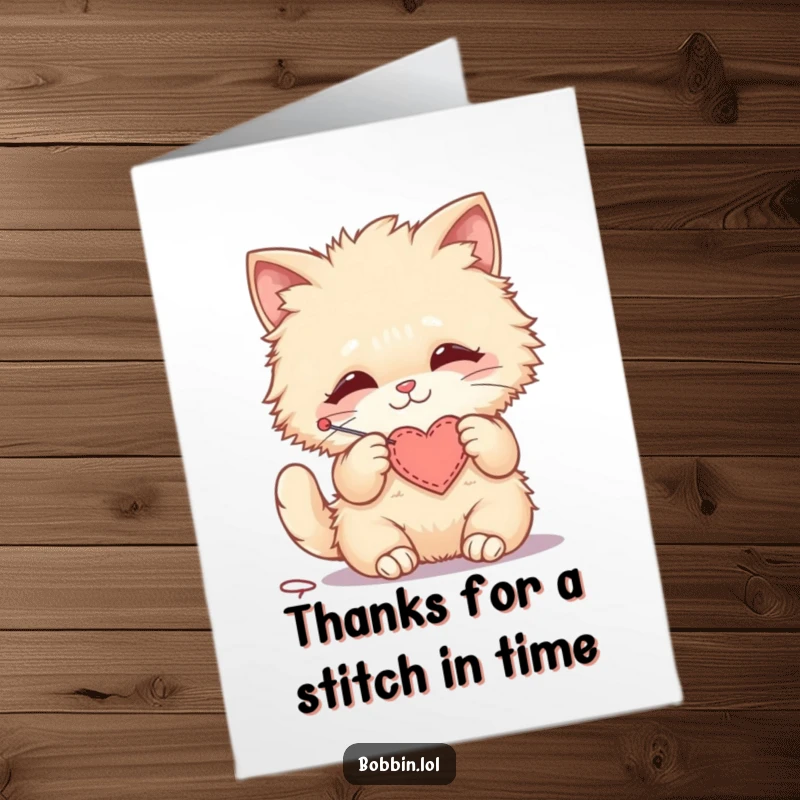 Funny Free Printable Cat Thank You Card: A fluffy cat happily stitching a small felt heart to show thanks.