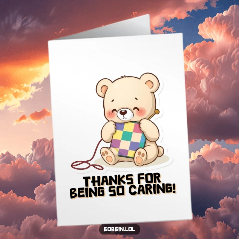 Funny Free Printable Thank You Card: A tiny bear happily stitches a colorful quilt square, offering thanks.