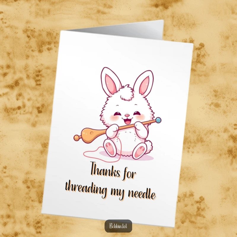 Funny Free Printable Thank You Card: A fluffy bunny concentrates on threading a large sewing needle, expressing thanks with a sewing theme.