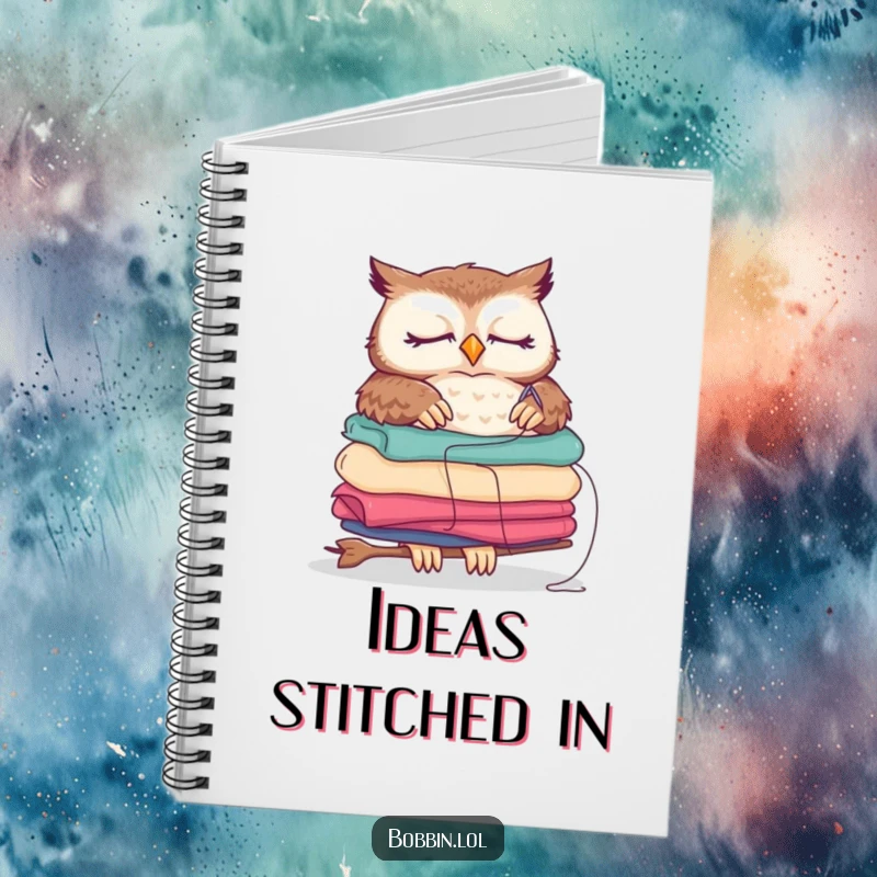 Funny sleepy owl notebook for sewing projects, humorously threading a needle, a cute and practical gift.