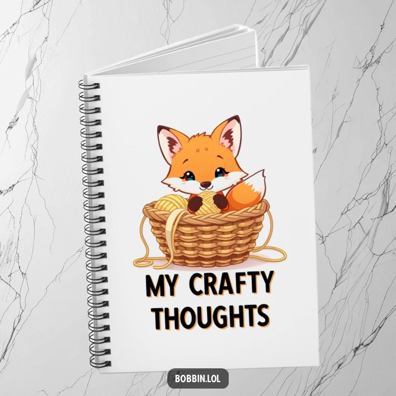 Funny curious fox notebook peeking from yarn, holding a thimble, a cute and practical gift.