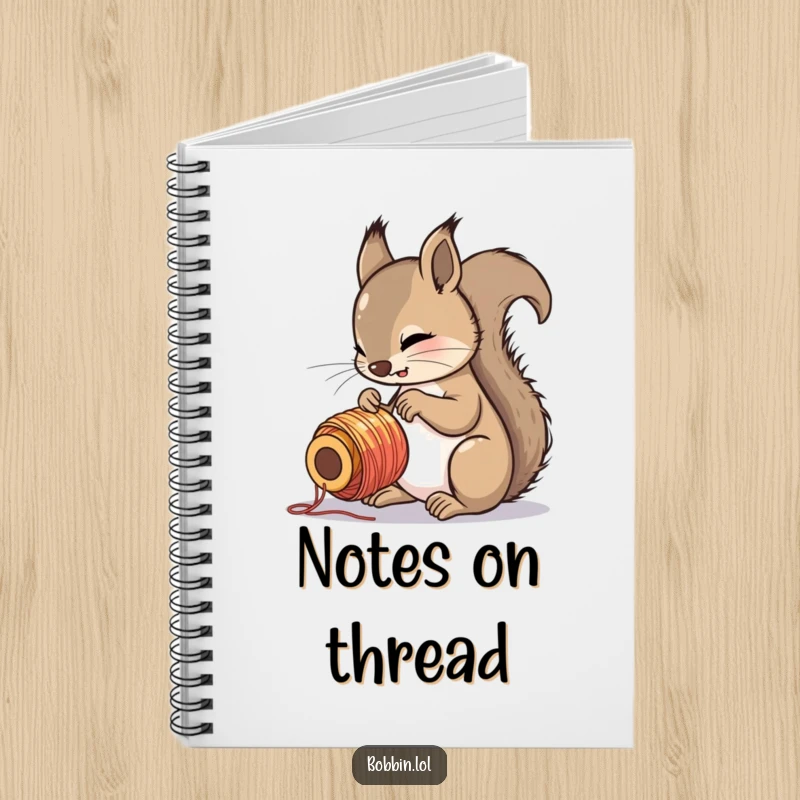 Funny squirrel intently examining a colorful spool of thread, cover of a notebook for recording ideas.
