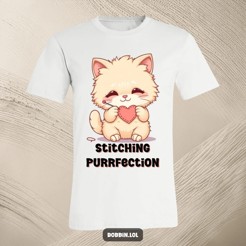 Funny t-shirt with a fluffy cat happily stitching a small felt heart, showcasing creativity and love.