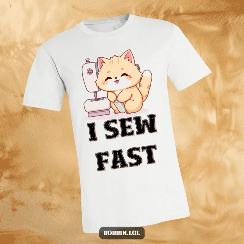 Funny Cat T-Shirt: A fluffy cat joyfully operating a sewing machine foot pedal, designed for laughs. Ideal funny gift.