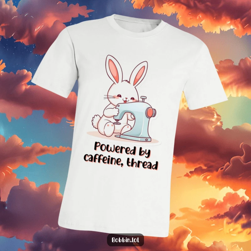 Funny bunny joyfully operating a sewing machine, wearing a smile, perfect for crafters seeking humorous apparel.