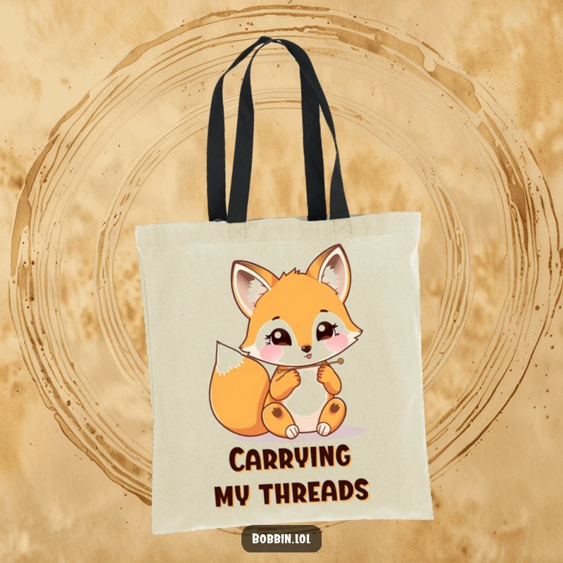 Funny fox intently threading a needle, featured on a durable tote bag for carrying sewing accessories.