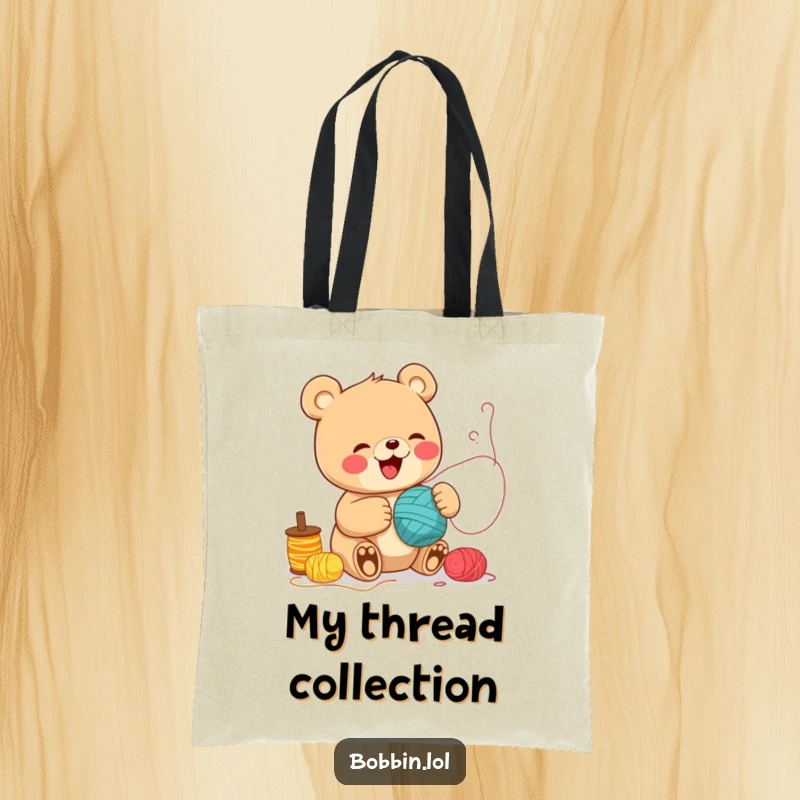 Funny Bear Sewing Tote Bag: A cheerful bear giggling, unspooling threads, perfect for carrying supplies. Hilarious funny gift.