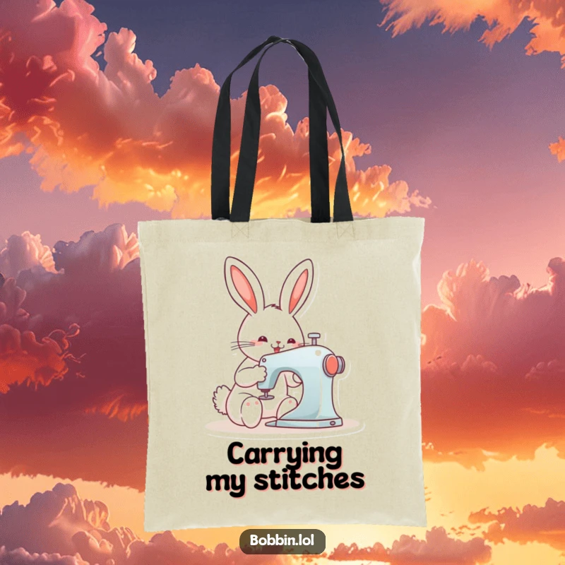 Funny bunny with focused delight operating a sewing machine, printed on a tote bag for carrying craft items.