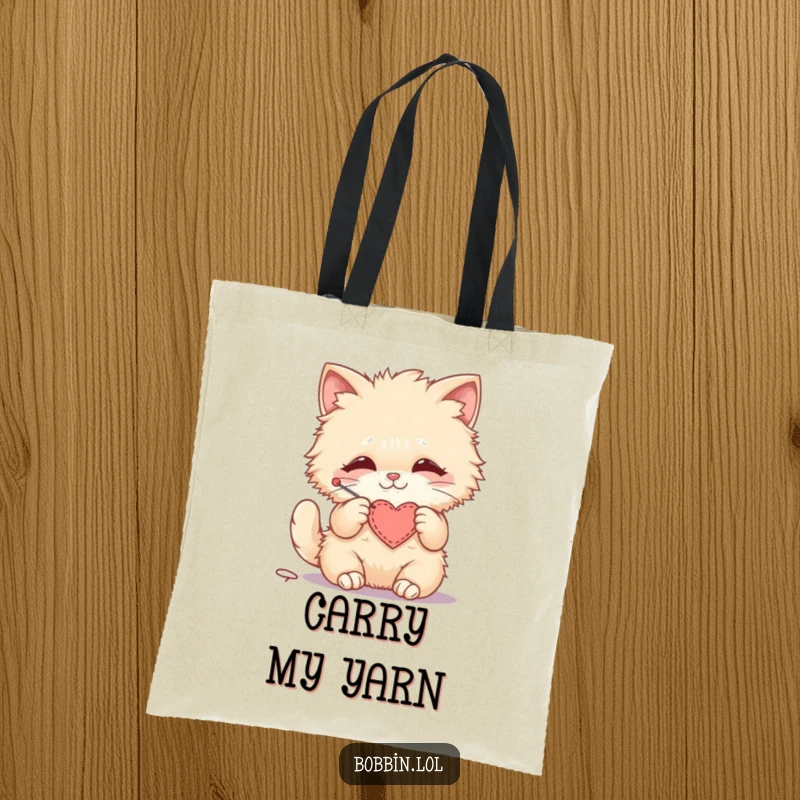 Funny tote bag with a fluffy cat stitching a small felt heart, a charming accessory for crafters.