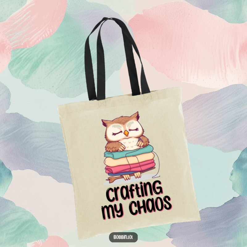 Funny sleepy owl tote bag, carrying fabric and sewing, a whimsical and practical funny gift.