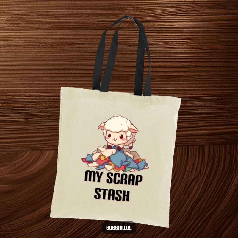 Funny Sheep Sewing Tote Bag: A wobbly sheep stumbling over fabric scraps, perfect for carrying supplies. Hilarious funny gift.