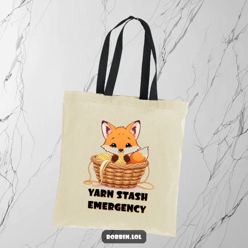 Funny curious fox tote bag filled with yarn, holding a thimble, a practical and humorous bag.